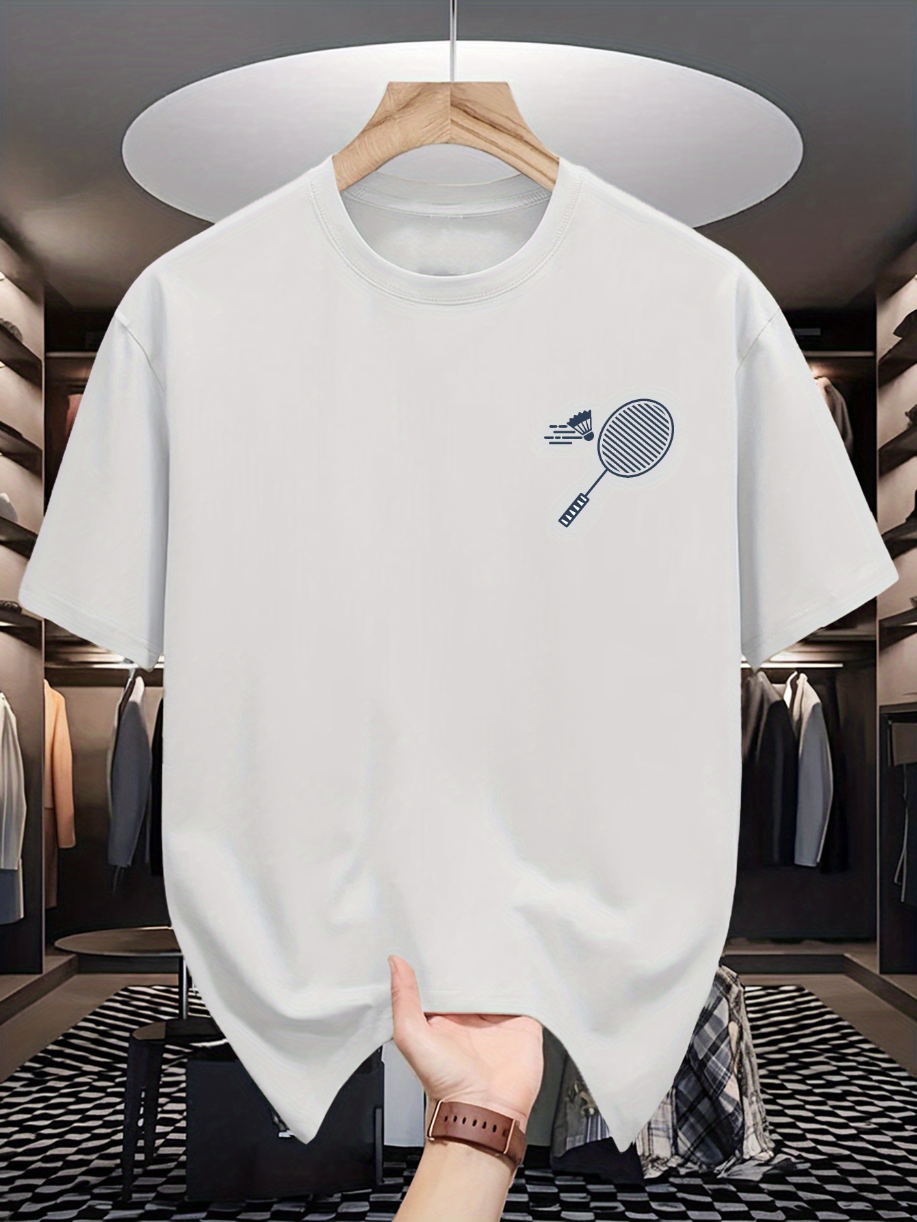 Mens Crew Neck T Shirt Minimal - Badminton Emoji review and price